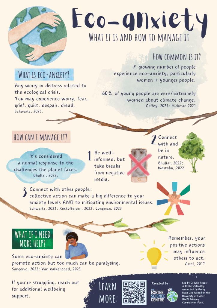 Eco-anxiety is any worry or stress related to the ecological crisis. This infographic highlights 3 techniques to tackle it: 1) Being well-informed but taking breaks from negative media. 2) Connecting with nature. 3) Connecting with others - and combining this with collective action.